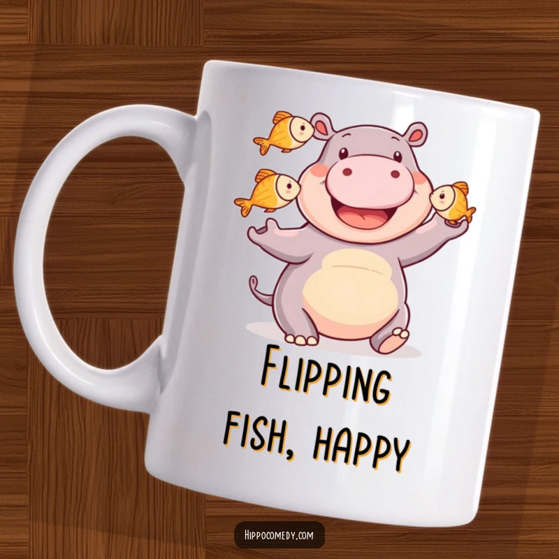 Funny happy hippo mug showing a smiling hippopotamus skillfully juggling three small fish, embodying joy and impressive balancing skills.
