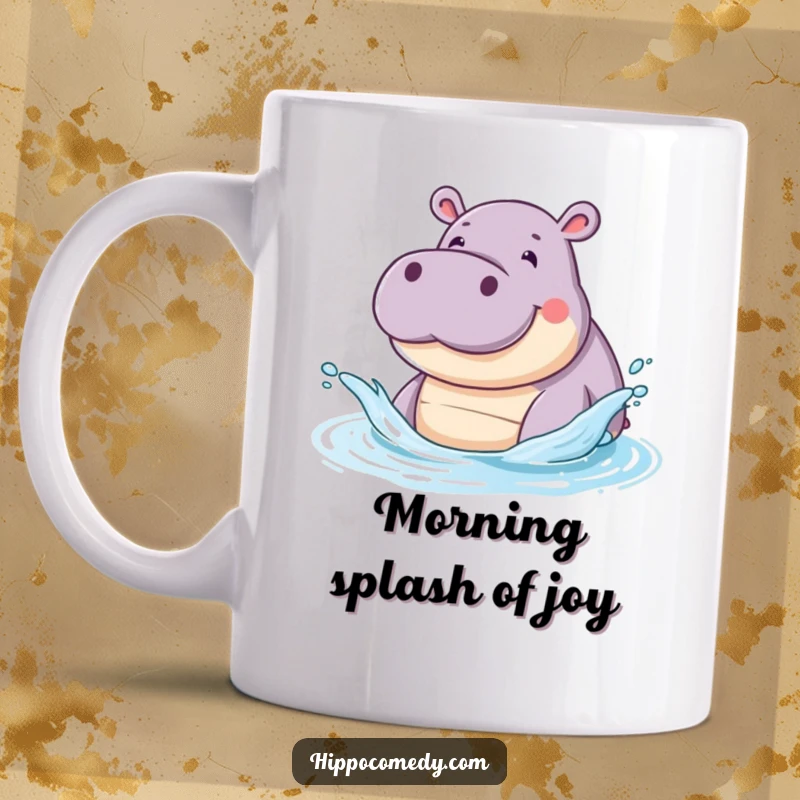 Funny mug featuring a smiling hippopotamus splashing water enthusiastically with its snout, conveying pure, playful joy.