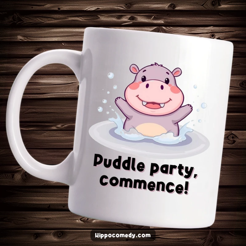 Funny Mug: A cute hippopotamus joyfully splashing in a bubbly puddle, radiating pure happiness and playful energy.