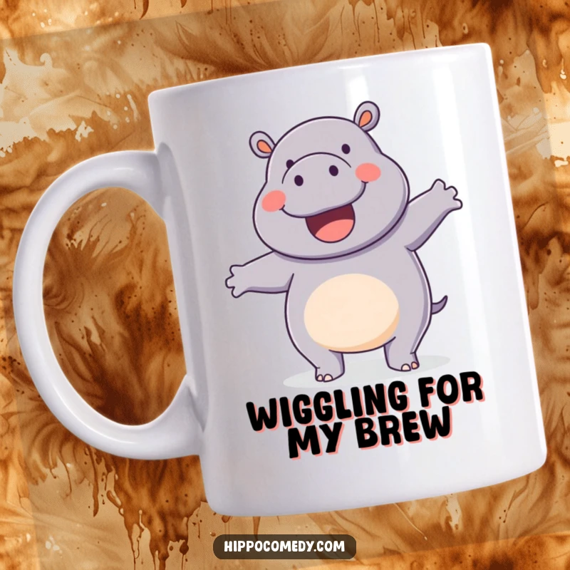 Funny mug featuring a happy hippopotamus doing a silly, energetic wiggle dance, radiating pure joy.