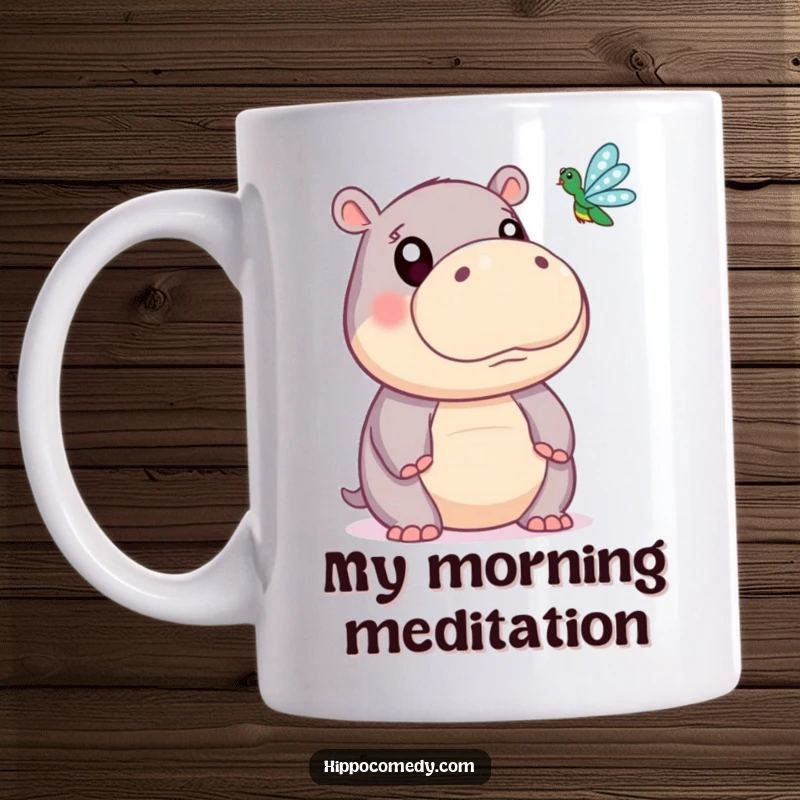 Funny mug featuring a cute hippopotamus with wide, amazed eyes intently watching a delicate dragonfly fly by.