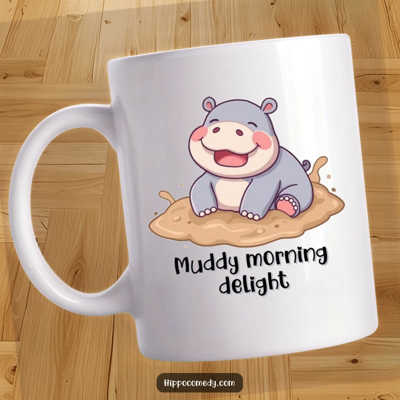 Funny Joyful Hippo Mug, a happy hippo playfully rolling in soft, brown mud with a big smile.