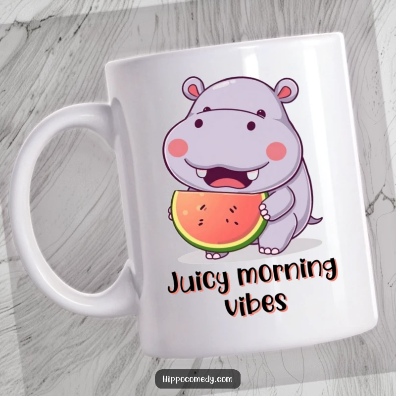 Funny Joyful Hippo Mug featuring a kawaii hippopotamus with a happy expression, delightedly eating a huge piece of fruit.