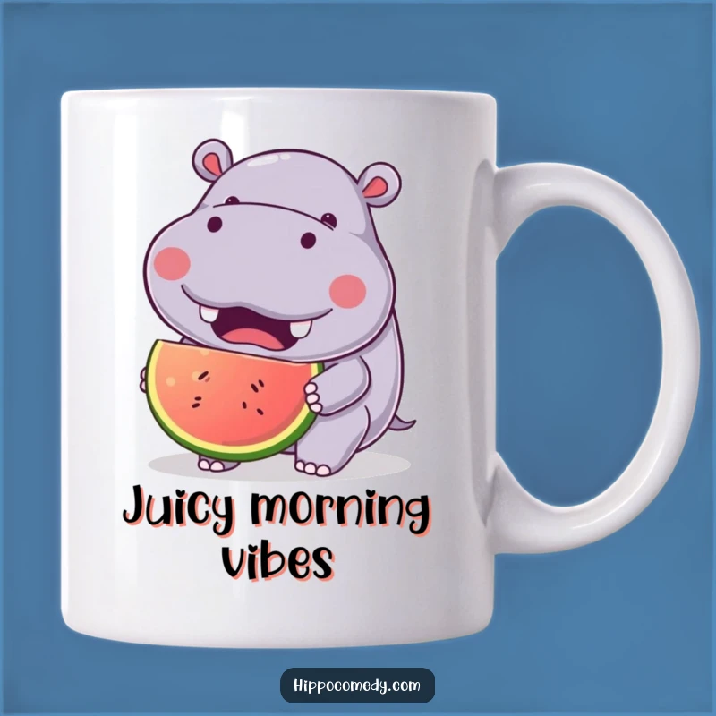 Funny Joyful Hippo Mug: Kawaii Hippo Eating Fruit - Happy Gift