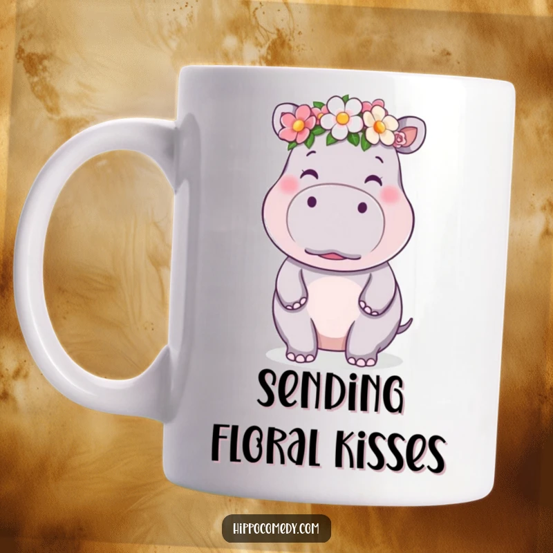 Funny kawaii hippo mug featuring a cute hippo wearing a flower crown and blowing a sweet kiss, looking adorable.
