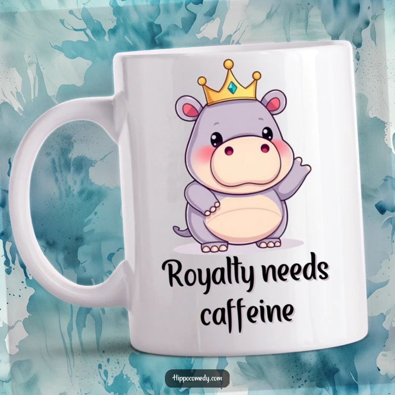 Funny kawaii hippopotamus wearing a tiny crown, striking a hilarious pose on a mug, exuding royal silliness.