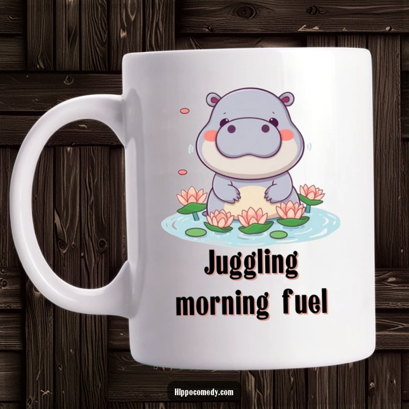 Funny kawaii hippo mug featuring a cute hippo playfully juggling water lilies with its snout, looking skillful and happy.