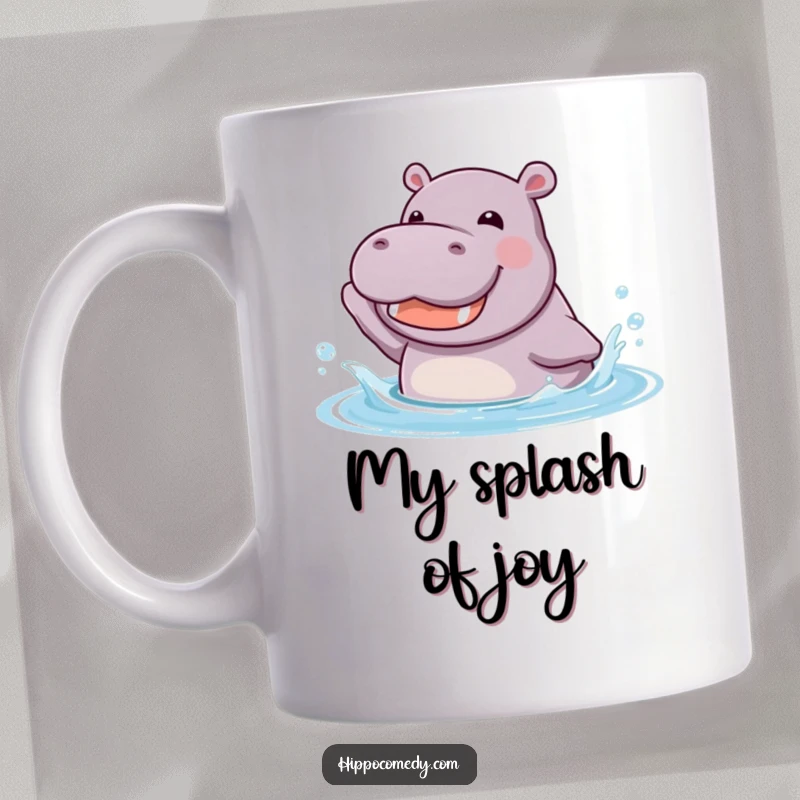 Funny kawaii hippopotamus joyfully splashing in cool water, showing a happy grin on a coffee mug.