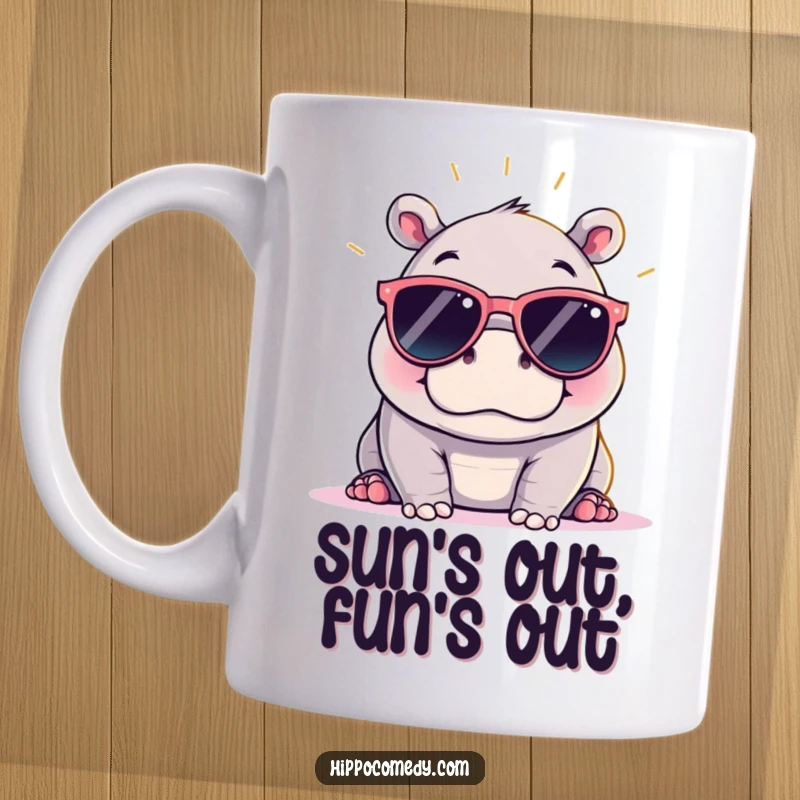 Funny kawaii hippopotamus wearing oversized sunglasses, chilling and soaking up the sun, a perfect gift for relaxation lovers.