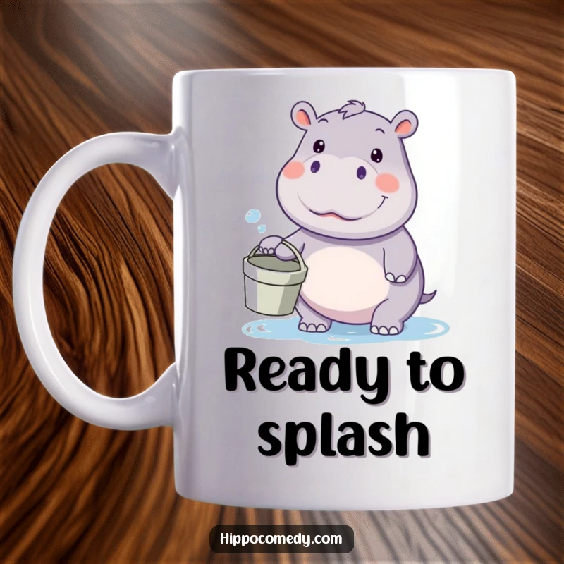 Funny kawaii hippo mug, holding a bucket and looking ready for a water fight, exuding playful mischief and joy.
