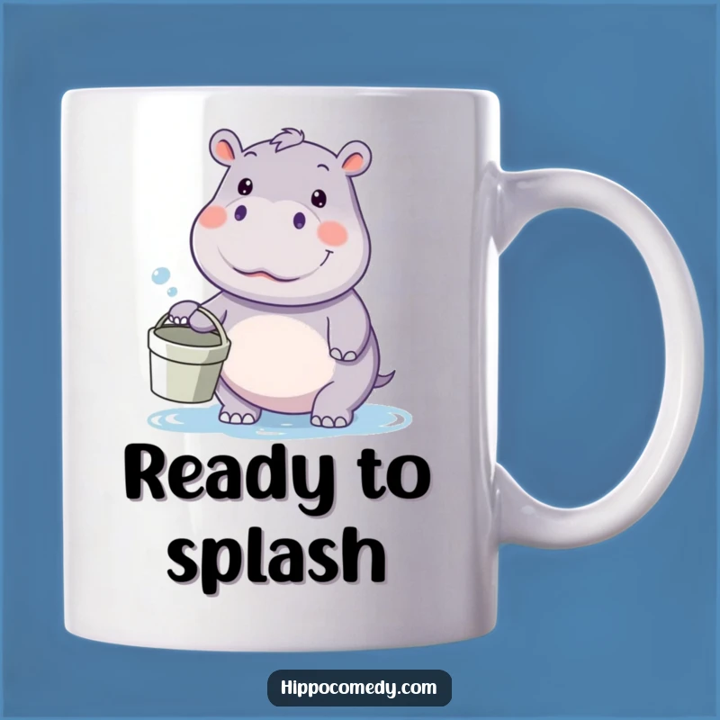 Funny kawaii hippo water fight mug, a playful gift for fun-lovers, featuring a happy hippo with a bucket.