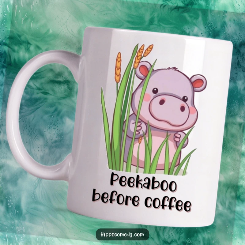 Funny mug with a little, curious hippopotamus peeking shyly from behind reeds, offering a delightful surprise.