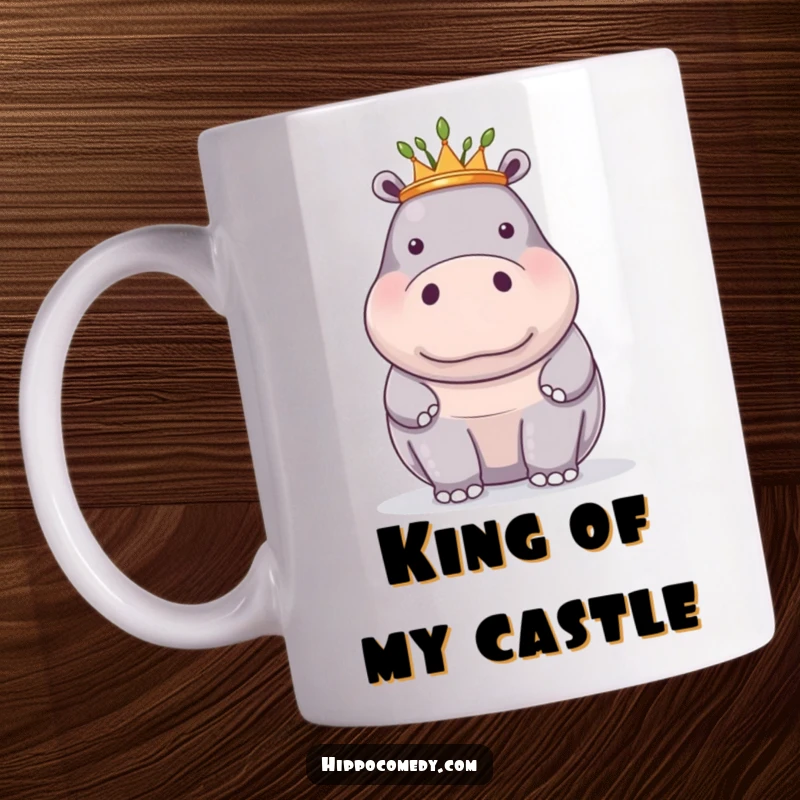 Funny mug with a proud hippopotamus wearing a tiny crown made of reeds, exuding humorous regality.