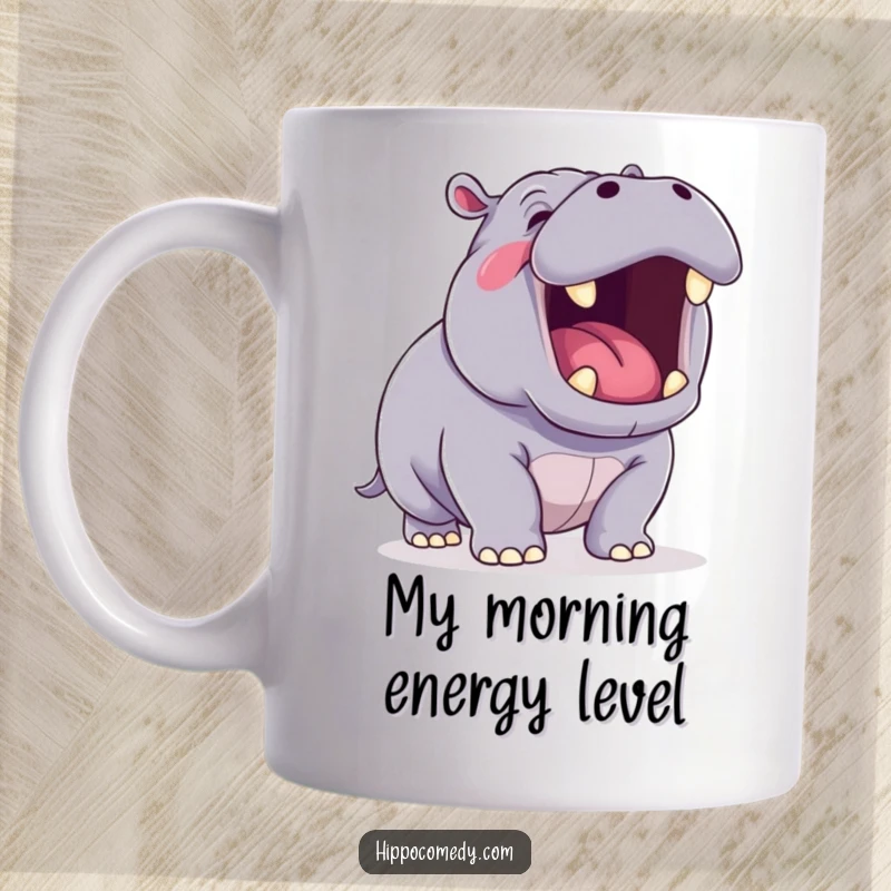 Funny Yawning Hippo Mug featuring a cute kawaii hippopotamus mid-yawn, showcasing its small teeth, perfect for coffee lovers.