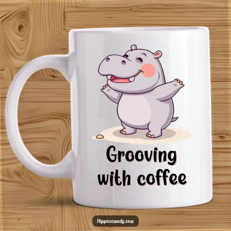 Funny giggling hippo mug, joyfully doing a silly dance on a sandy shore, full of energy and laughter.