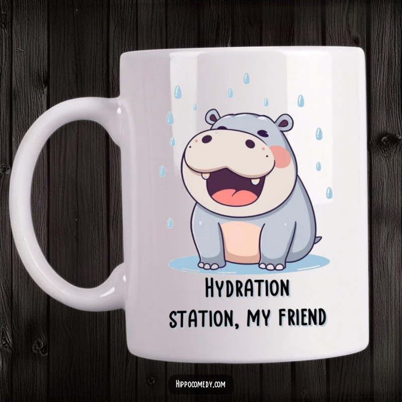 Funny hippo mug with mouth open wide, joyfully catching falling raindrops in a whimsical illustration.