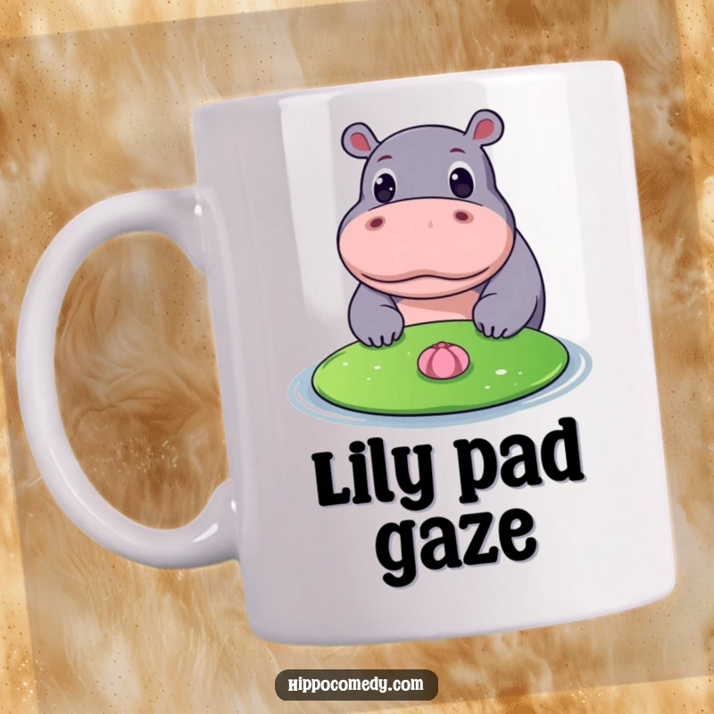 Funny mug showing a hippopotamus with wide, amazed eyes looking intently at a floating lily pad, expressing curiosity.
