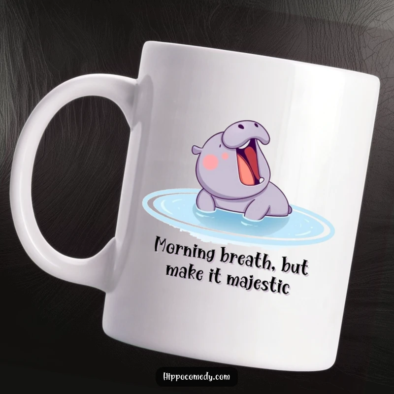 Funny hippo yawning widely in a tranquil blue pond, embodying peaceful relaxation and a touch of relatable humor on a ceramic mug.