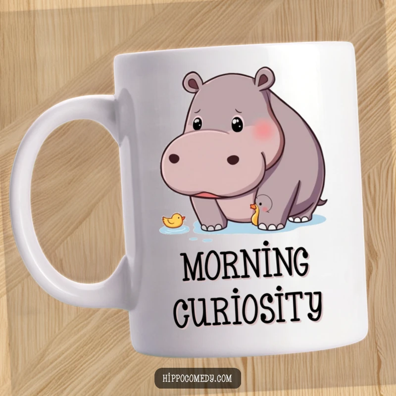 Funny hippo with a curious gaze intently observing a tiny floating duck on a charming mug.