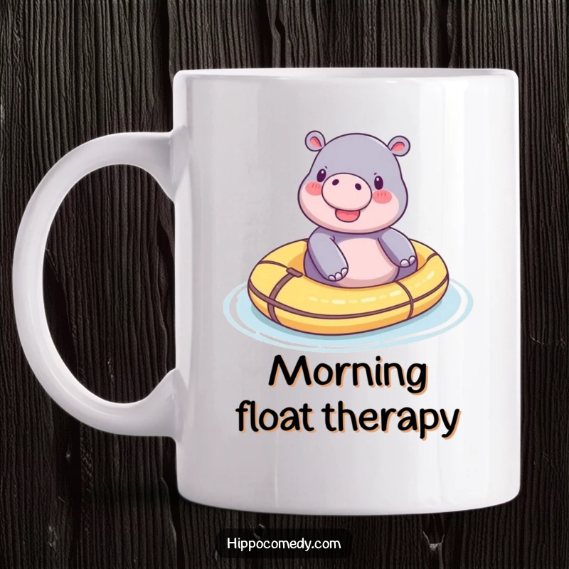 Funny tiny hippo mug, happily drifting on a colorful toy raft, conveying peace and a touch of whimsy.