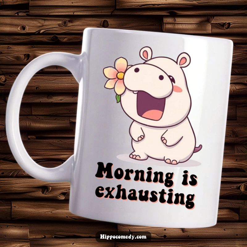 Funny kawaii hippo mug showing a cute hippopotamus with a flower behind its ear, yawning widely, conveying ultimate relaxation and cuteness.
