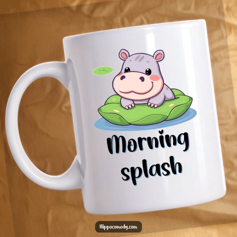 Funny mug showcasing a kawaii hippopotamus with a silly, wide-eyed expression, peeking curiously from behind a large lily pad.