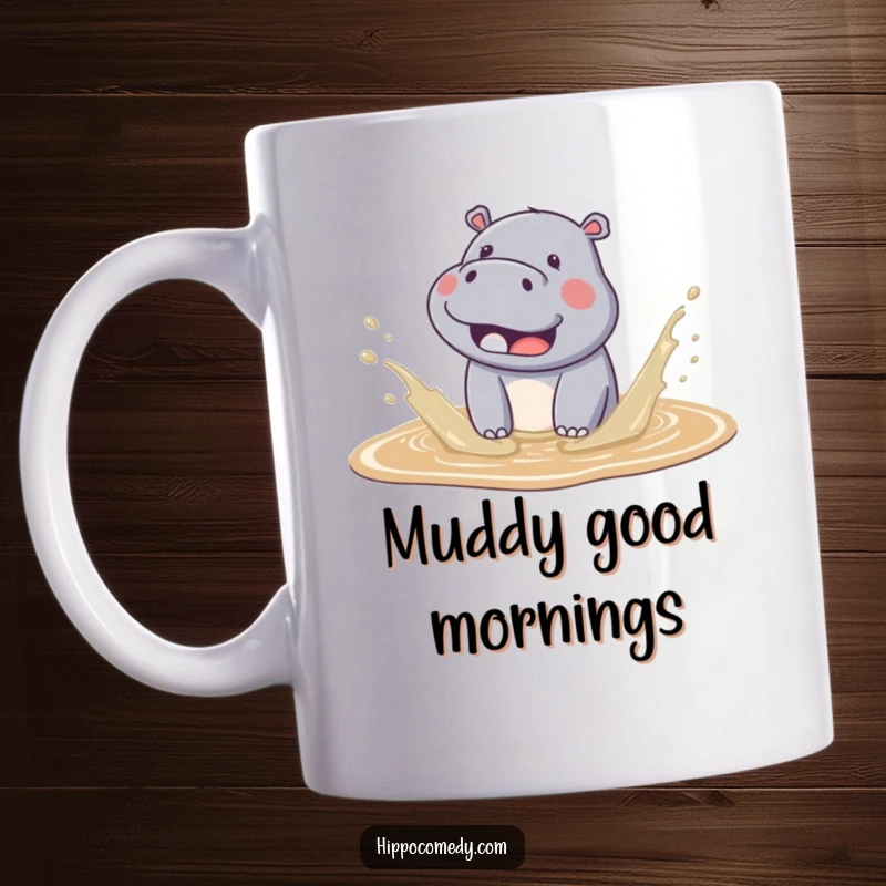 Funny kawaii hippo mug showing a cute hippo joyfully splashing in mud, with water droplets flying everywhere adorably.