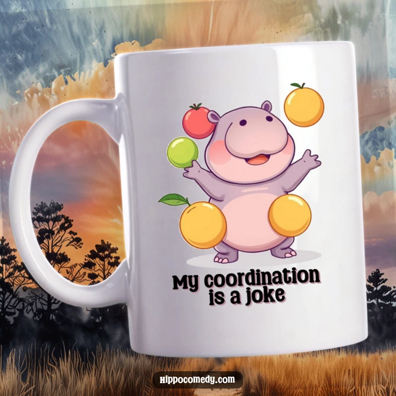 Funny kawaii hippopotamus comically attempting to juggle three round fruits on a coffee mug, for a hilarious gift.