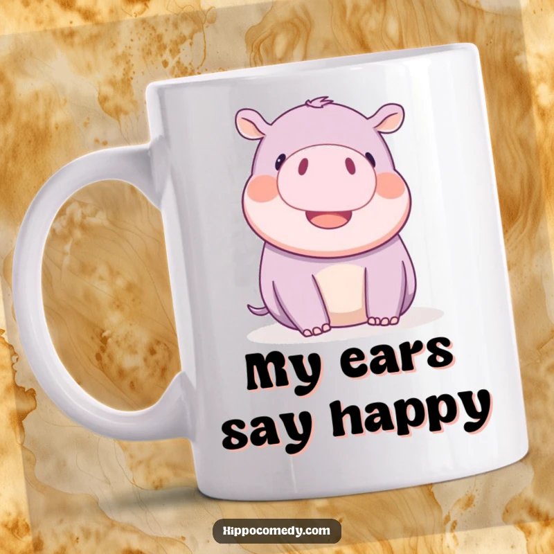Funny kawaii hippopotamus playfully wiggling its tiny ears with delight, looking adorable on a coffee mug.