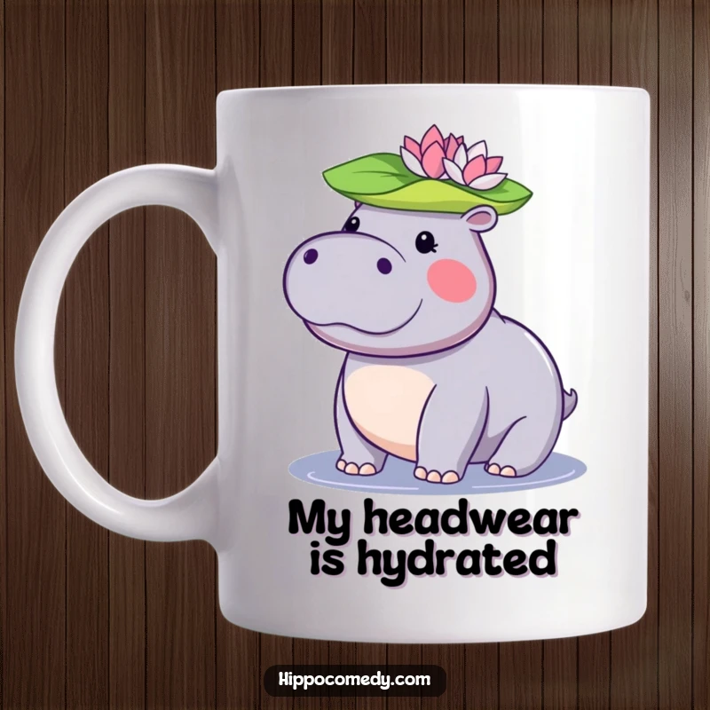 Funny kawaii hippopotamus mug featuring a cute hippo balancing a green lily pad on its head with a happy expression.