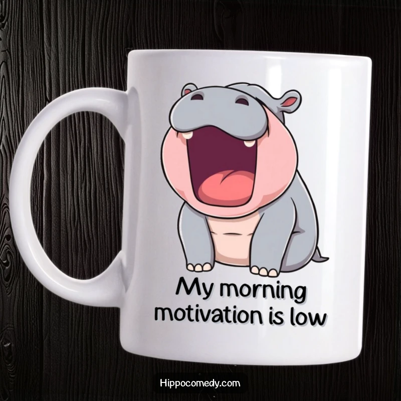 Funny mug featuring a sleepy hippopotamus opening its enormous mouth in a massive, relatable yawn, a perfect humorous gift.