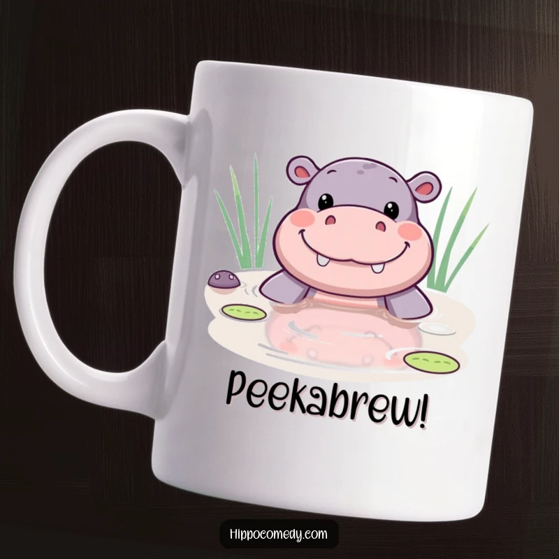 Funny kawaii hippo mug featuring a cute hippo peeking its head from a pond with a huge, happy smile.