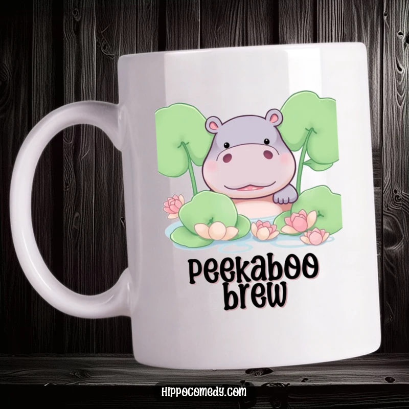 Funny hippo with a shy blush, peeking playfully from behind green lily pads on a mug.
