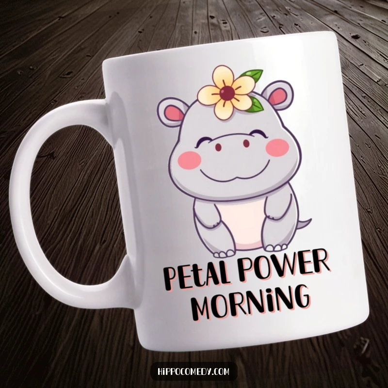 Funny Kawaii Hippo Mug featuring a cute, contented hippopotamus with a flower on its head, radiating pure joy.