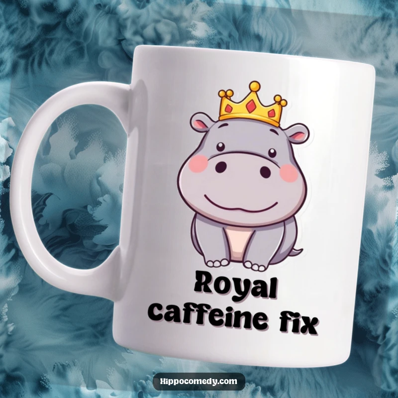 Funny Hippo Crown Mug: A silly cartoon hippo wears a tiny crown with a pleased expression, exuding royal charm.