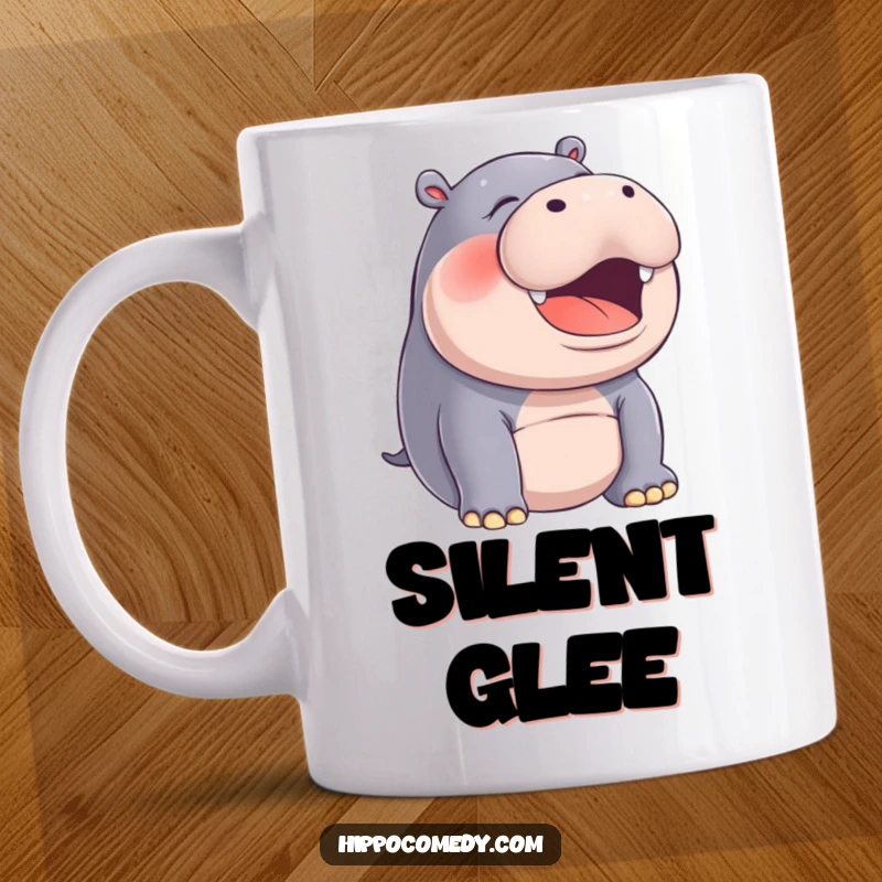 Funny hippo with its mouth wide open, caught in a silent, joyful laugh, perfect for a humorous mug.