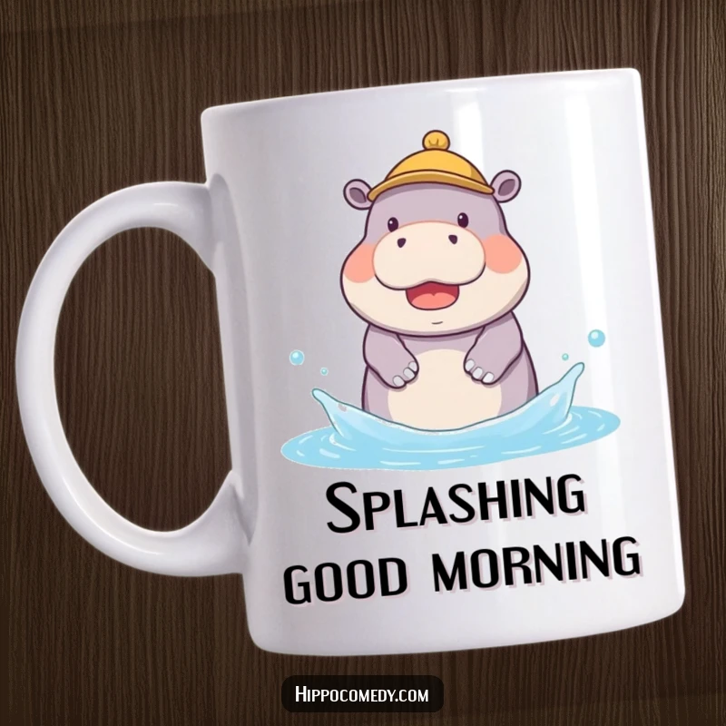 Funny mug of a kawaii hippopotamus wearing a tiny hat, joyfully splashing in water with a happy, playful demeanor.