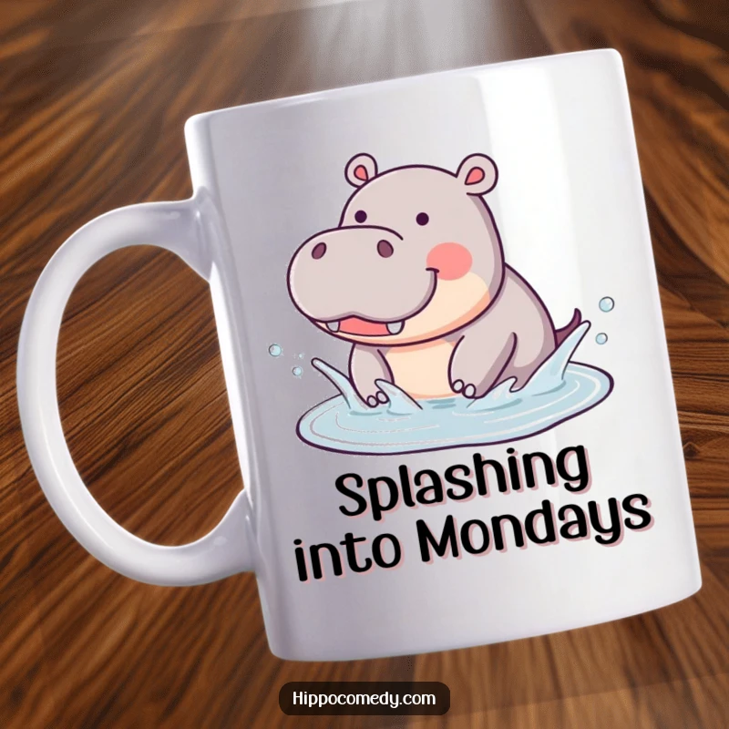 Funny Hippo Splashing Mug: A cute, joyful hippopotamus happily splashing in a small puddle, perfect for funny moments.