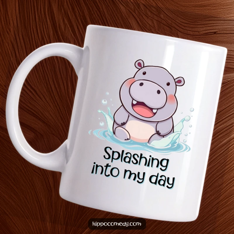 Funny Mug: A chubby hippopotamus beams with joy, splashing enthusiastically in vibrant, colorful water.