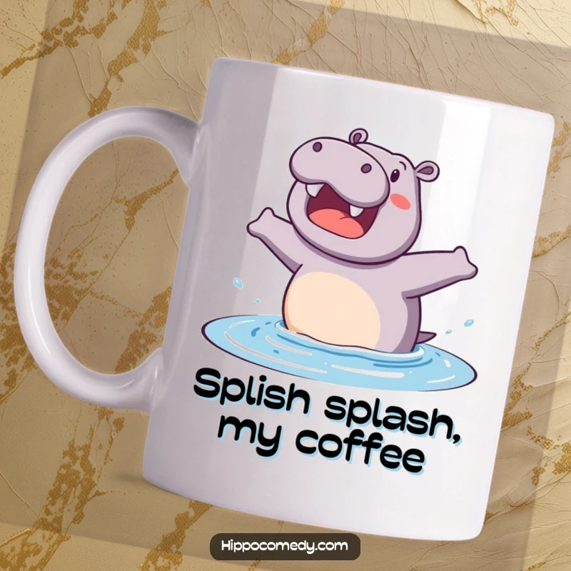 Funny mug featuring an excited hippopotamus mid-air, about to jump into water with a joyful expression, perfect for a splashy gift.