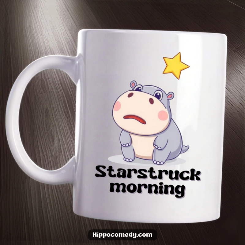 Funny mug featuring a surprised hippo with wide eyes watching a floating, sparkling star, depicting a hilarious moment of wonder.