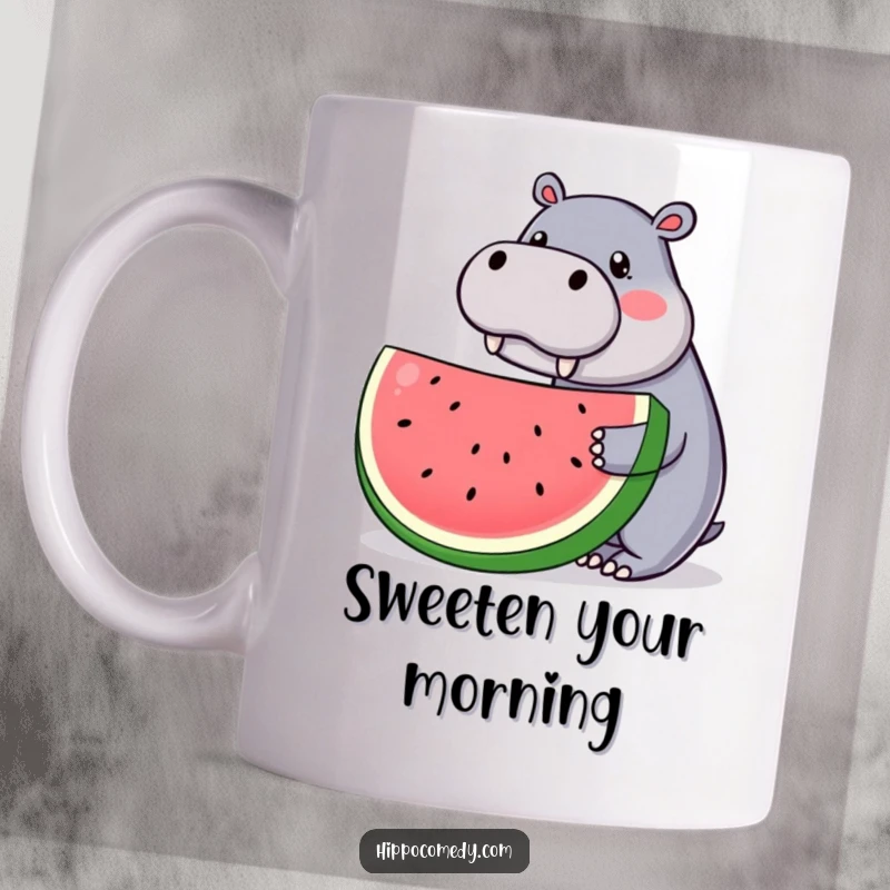 Funny kawaii mug with a cute hippopotamus offering a huge slice of watermelon, a sweet and humorous present.