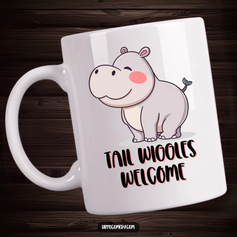 Funny mug showcasing a hippopotamus doing a delightful, silly wiggle with its stubby tail, expressing pure, uninhibited joy.