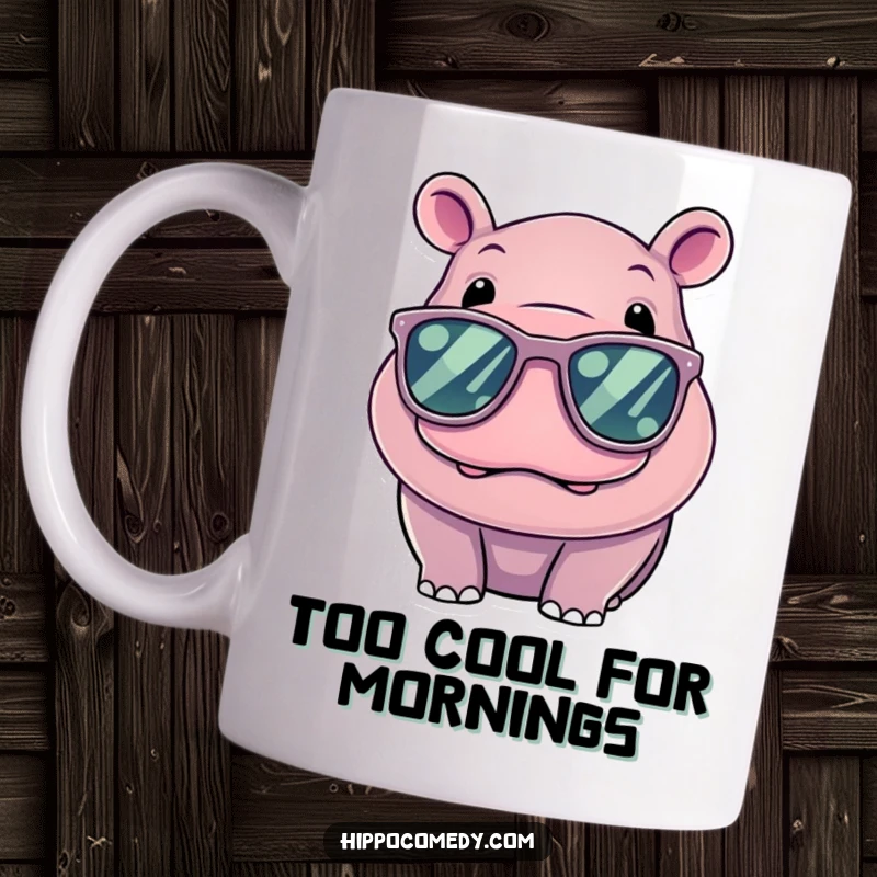 Funny Kawaii Hippo Mug with huge sunglasses, looking incredibly cool and radiating laid-back vibes.
