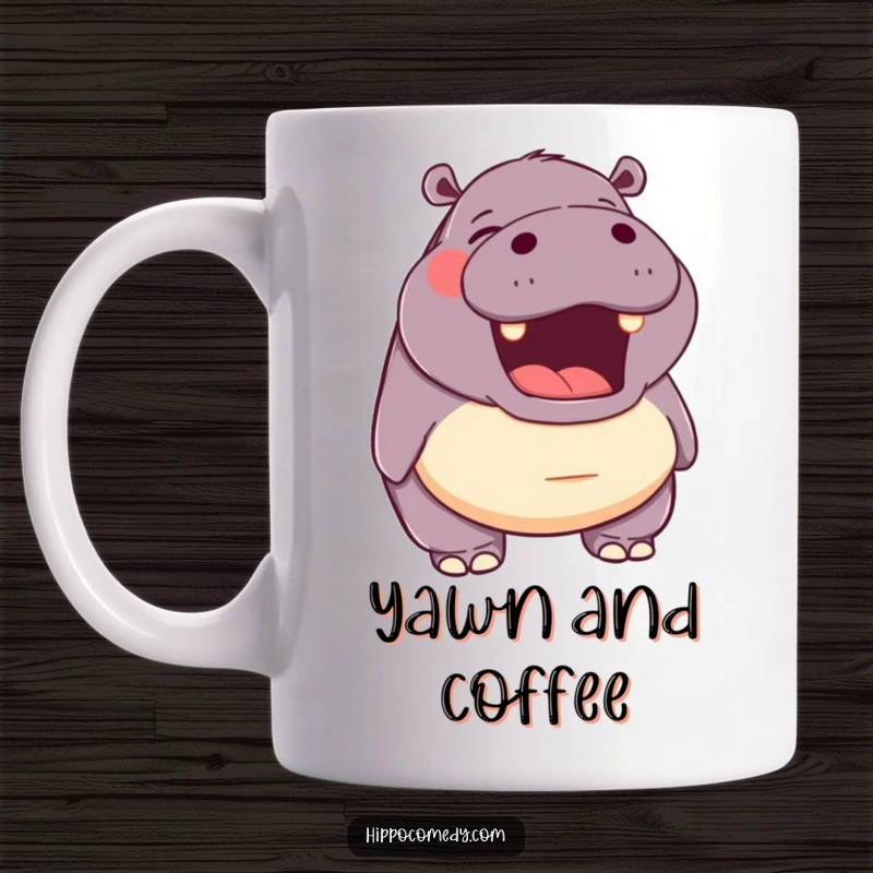 Funny mug showing a hippopotamus with its mouth wide open in a contented, happy yawn, expressing peace and relaxation.
