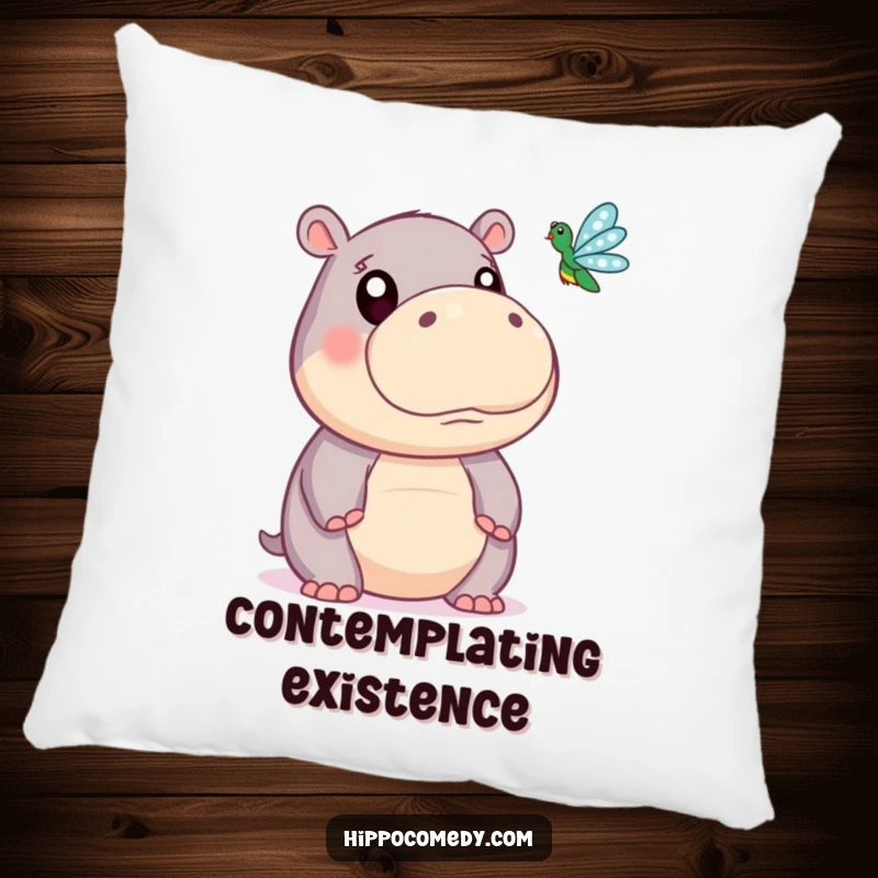 Funny pillow showing a cute hippopotamus with big, curious eyes focused on a delicate dragonfly, offering cozy comfort and humor.