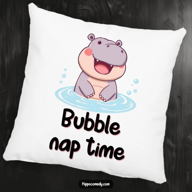 Funny pillow depicting a hippopotamus joyfully emerging from a bubbly pool, adding a cute and cheerful touch to decor.