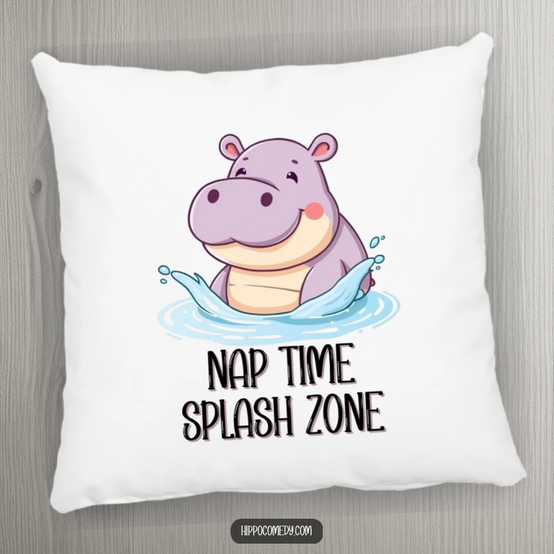 Funny pillow showing a smiling hippopotamus with water splashing from its snout, offering cute and playful decor.