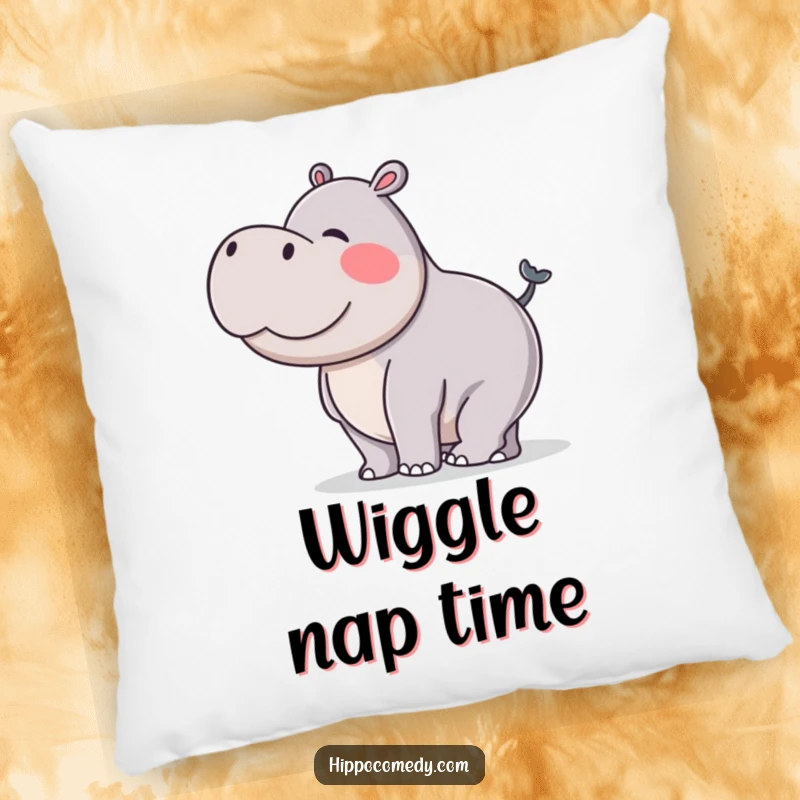Funny pillow depicting a hippopotamus doing a silly wiggle with its stubby tail, offering a cute and humorous home accent.