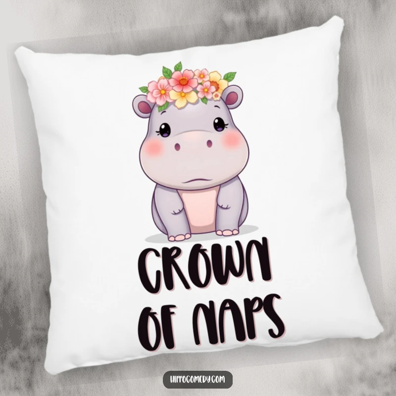 Funny hippo with a delicate flower crown, printed on a soft pillow for comfortable and humorous decor.